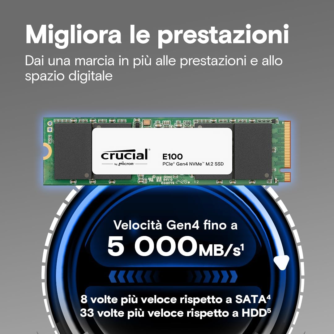 Crucial E100 480GB SSD NVMe M.2 2280 | Alta Velocità
