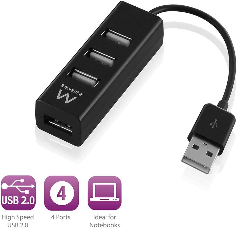 Ewent Hub USB 2.0 a 4 Porte, Mini, per PC Laptop Mouse Tastiera - Nero, Plug and Play EW1123