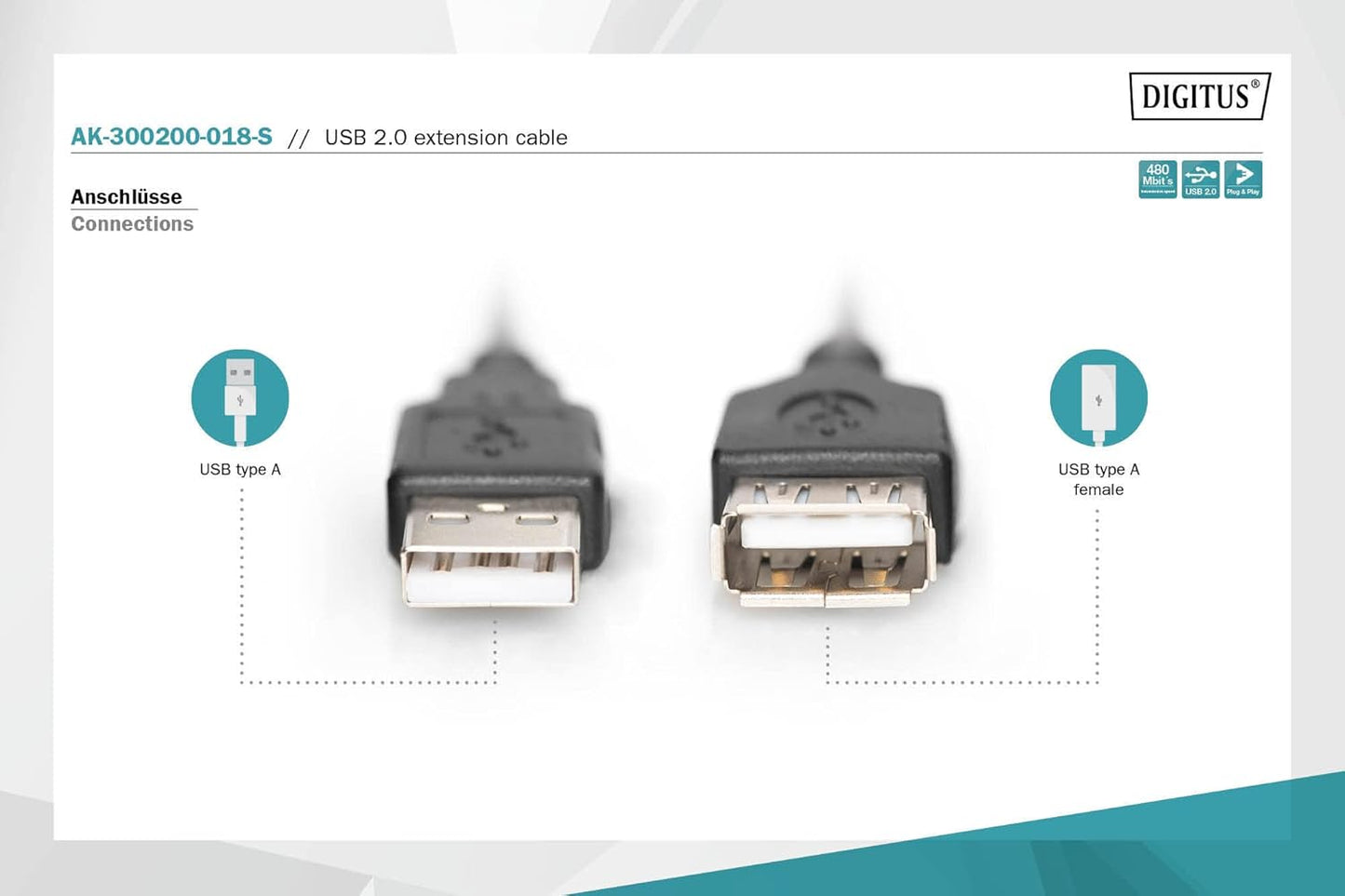 Prolunga USB 2.0 Tipo A Maschio/Femmina 1,80m Digitus