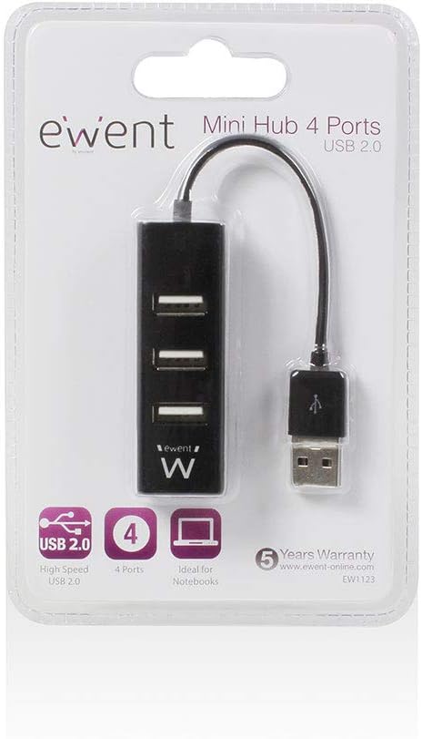 Ewent Hub USB 2.0 a 4 Porte, Mini, per PC Laptop Mouse Tastiera - Nero, Plug and Play EW1123
