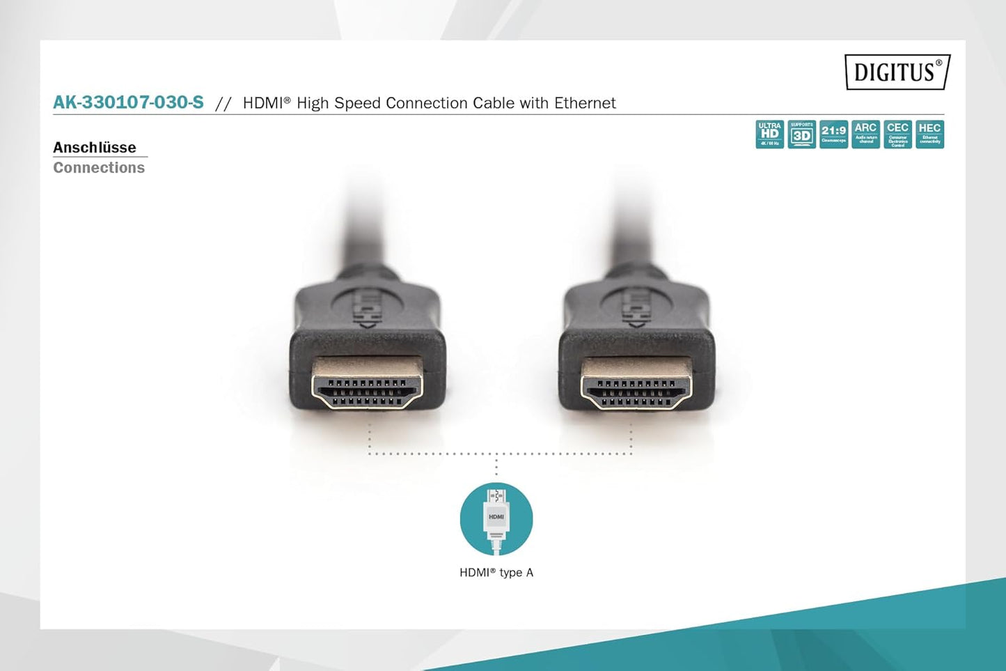 Cavo HDMI M/M 3 mt 3D Ethernet 4K Ultra HD Digitus