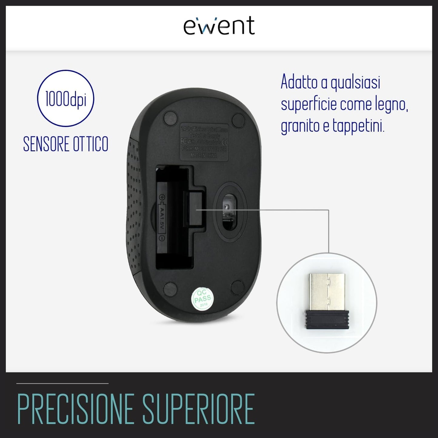 Ewent Mouse Wireless USB Ottico 1000 DPI Nero - EW3223