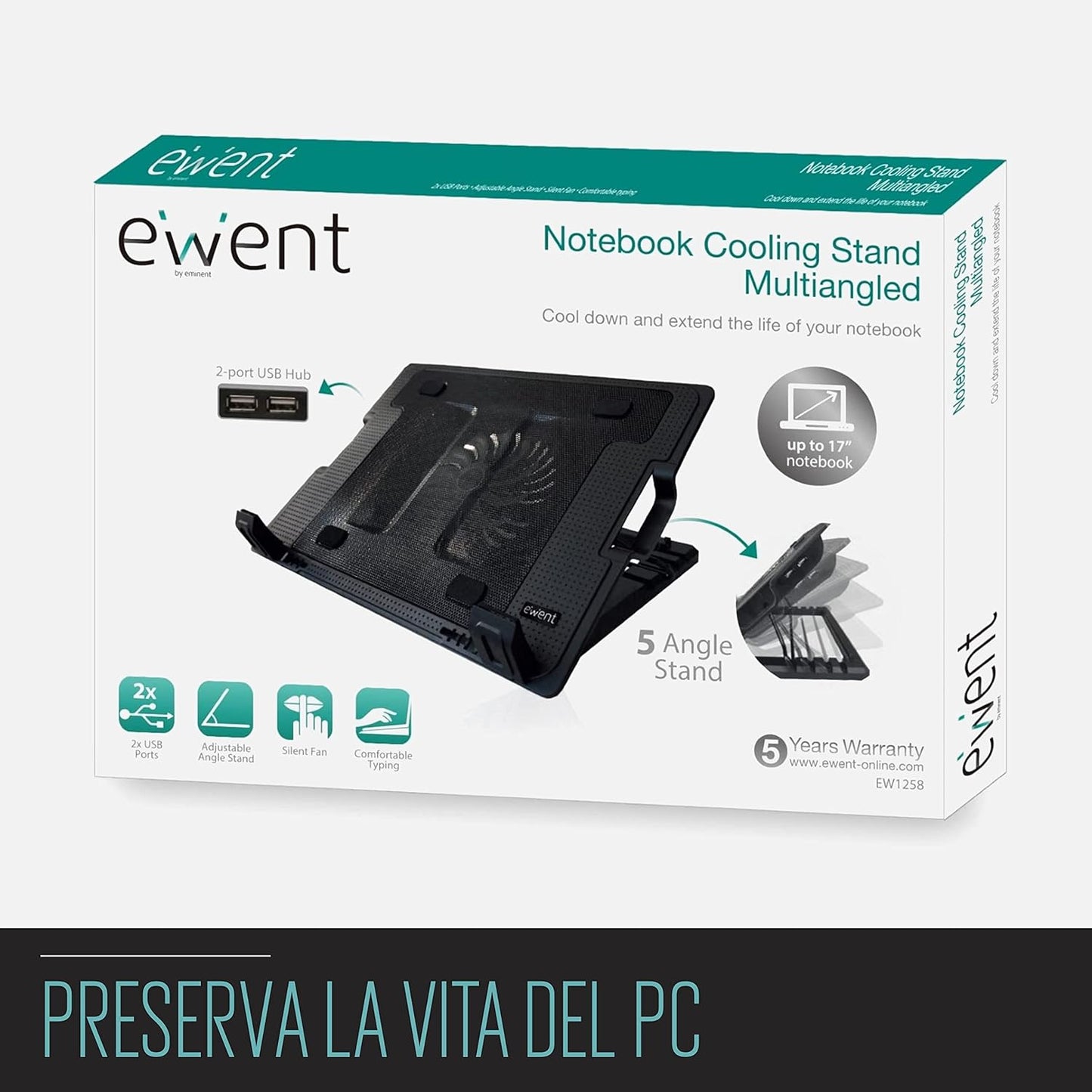 Supporto Alza Notebook Regolabile con 1 Ventola 120mm per Laptop fino a 17” Ewent Raffreddamento USB