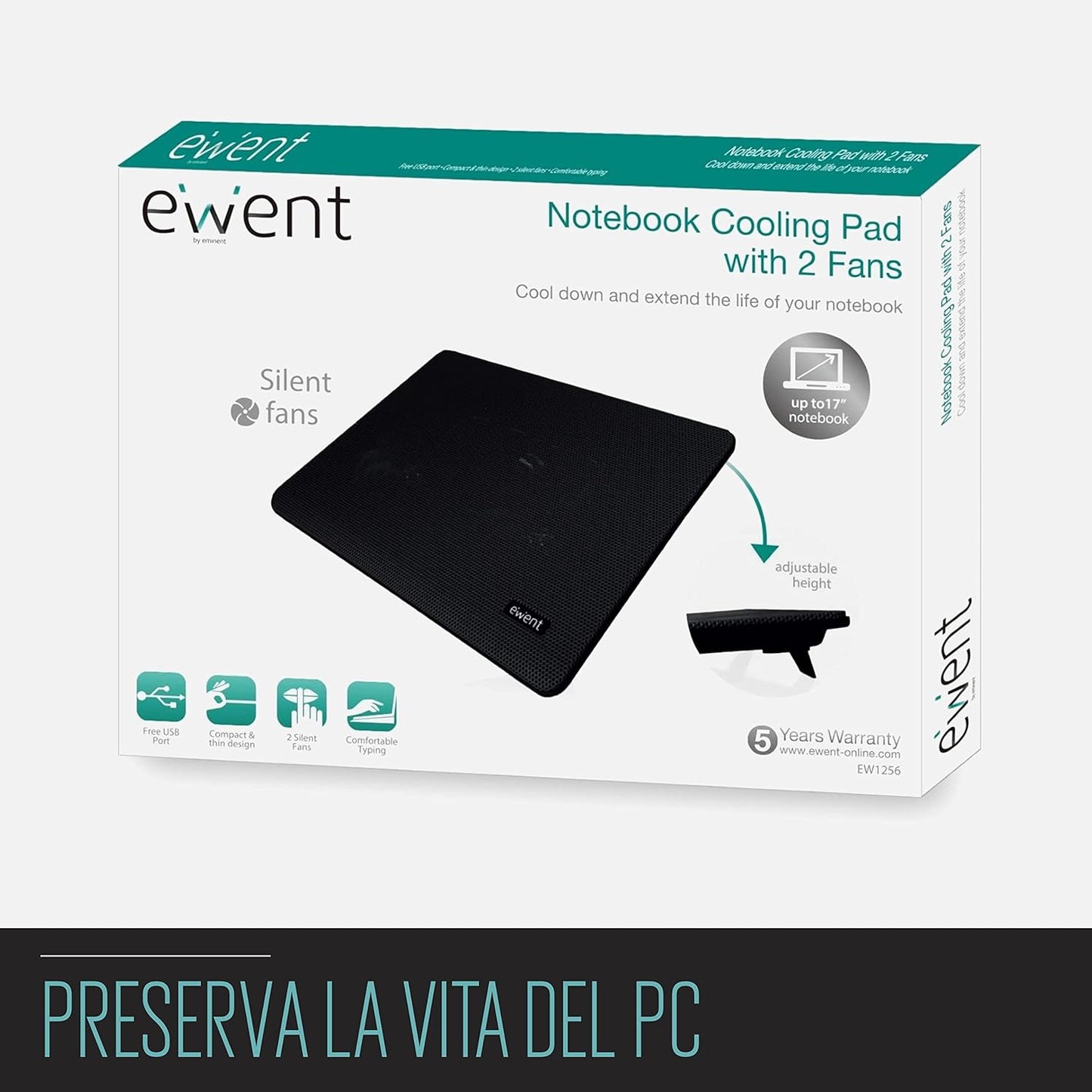 Supporto Alza Notebook con 2 Ventole 120mm per Laptop fino a 17” Ewent Raffreddamento USB