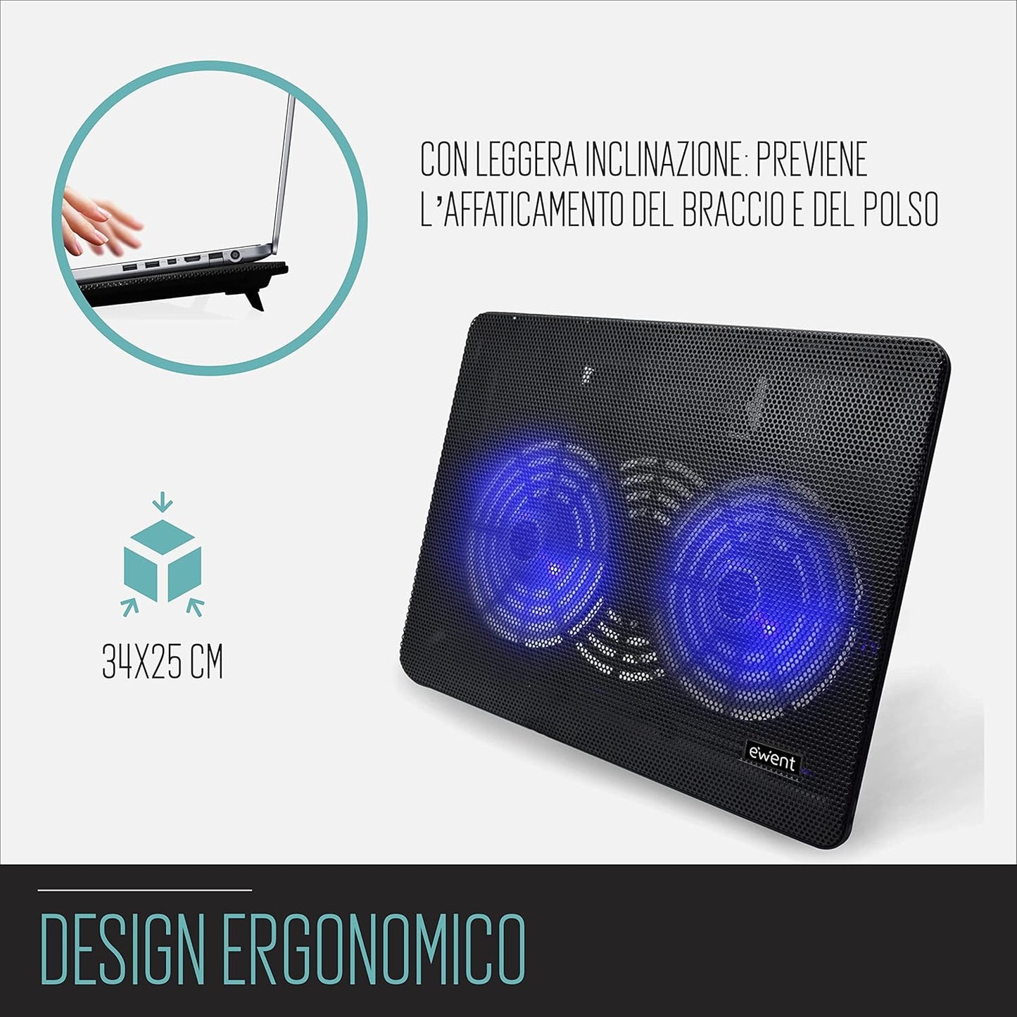 Supporto Alza Notebook con 2 Ventole 120mm per Laptop fino a 17” Ewent Raffreddamento USB