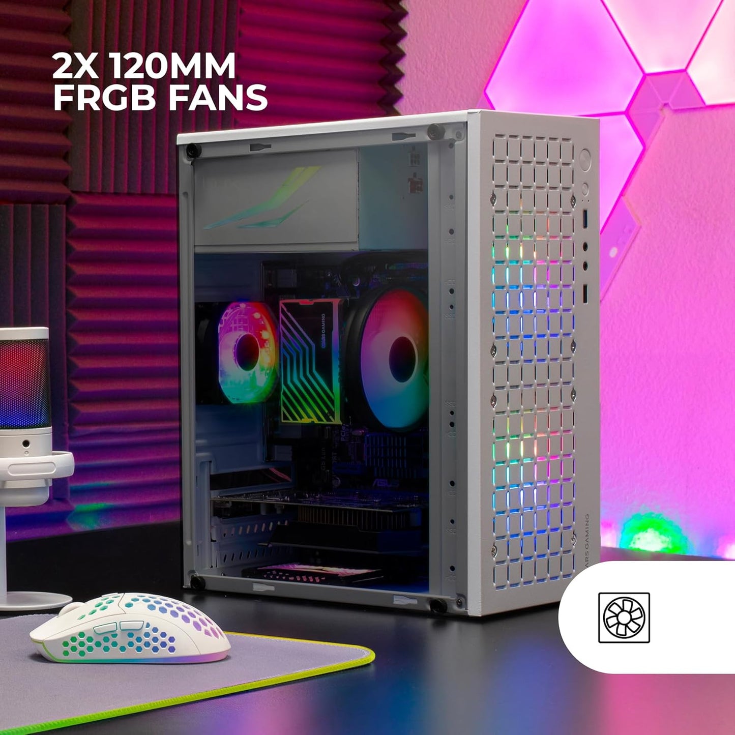 Mars Gaming Case PC Micro-ATX Bianco con 2 Ventole RGB Frontali Incluse