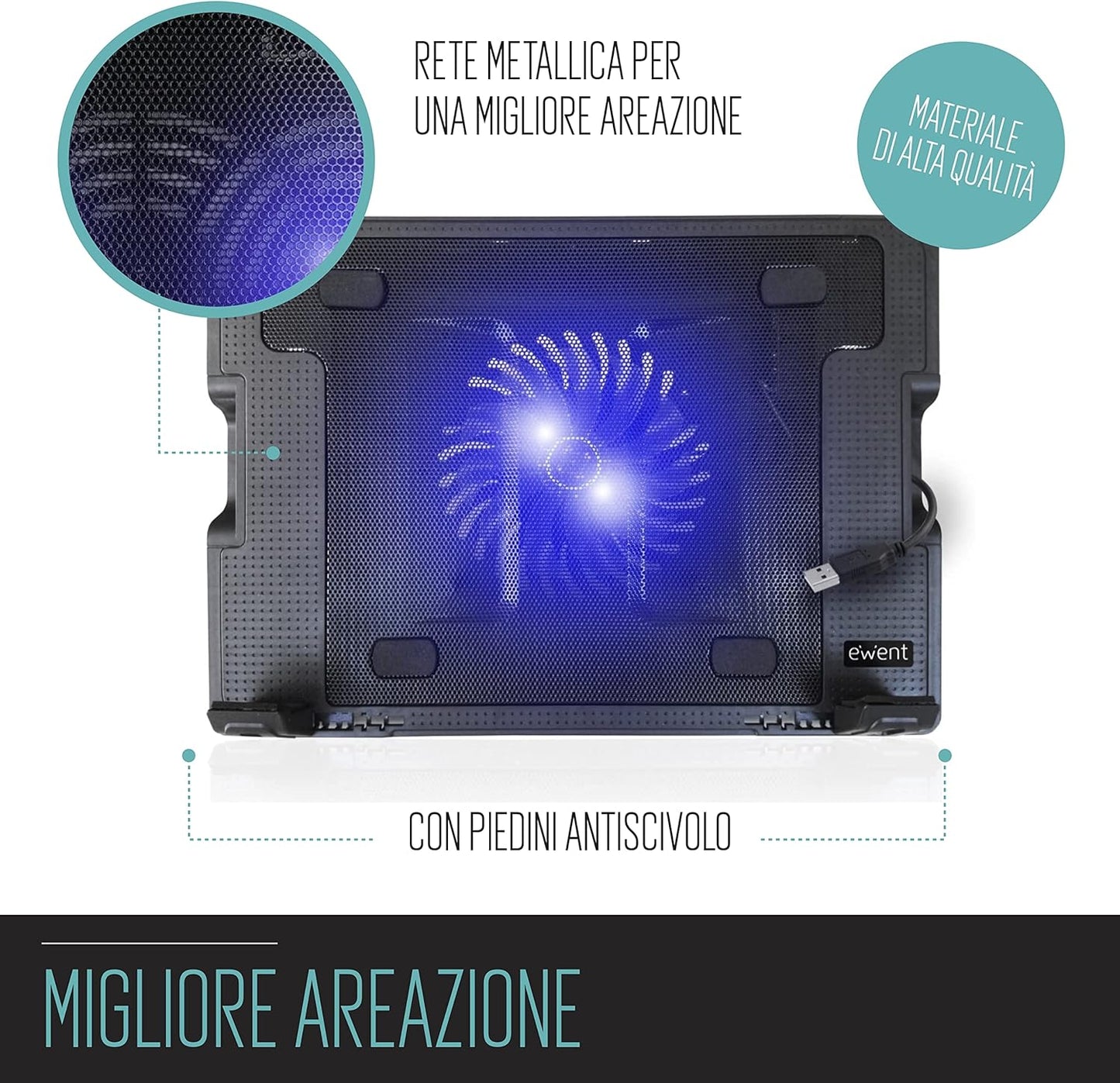 Supporto Alza Notebook Regolabile con 1 Ventola 120mm per Laptop fino a 17” Ewent Raffreddamento USB
