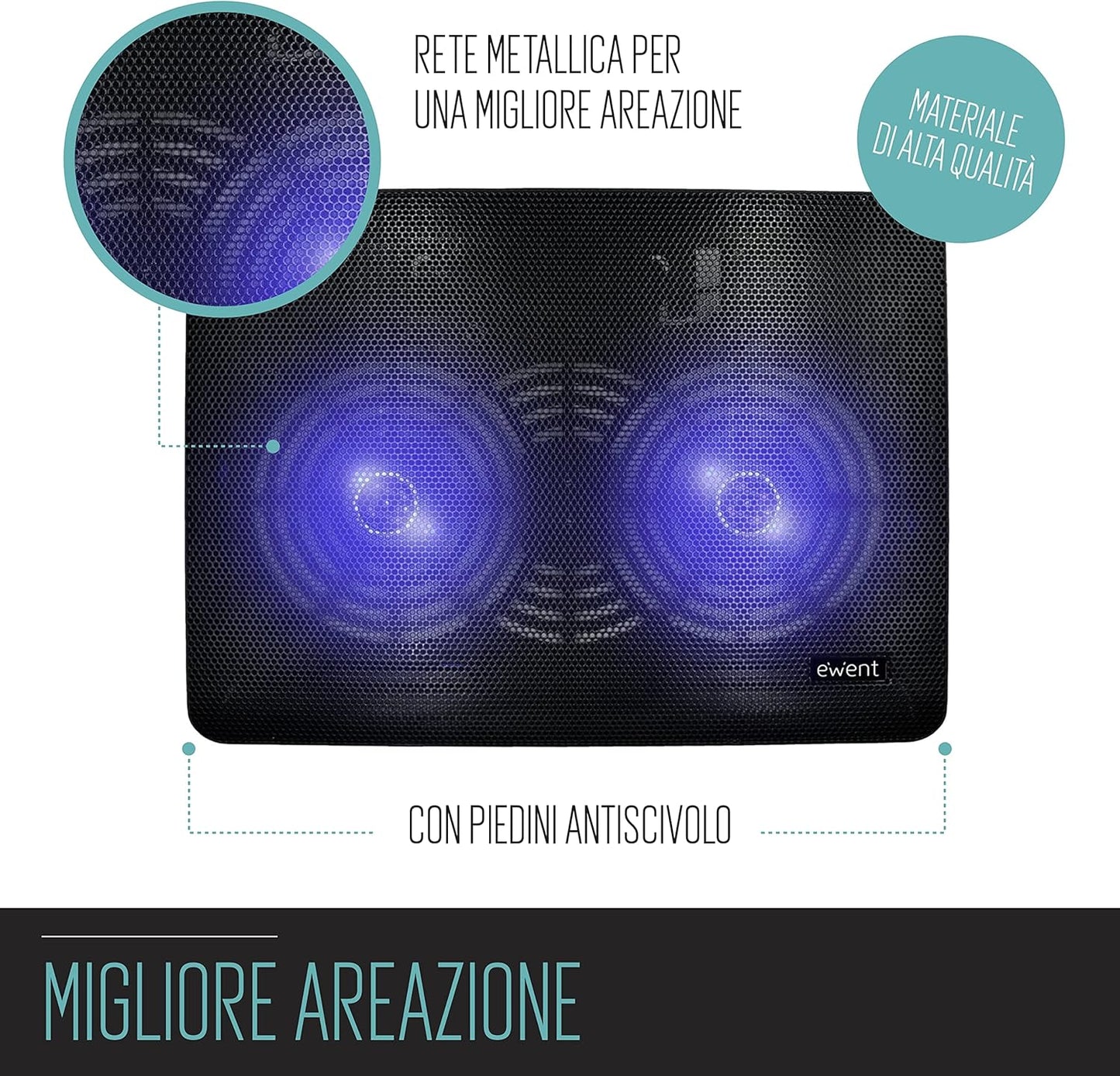 Supporto Alza Notebook con 2 Ventole 120mm per Laptop fino a 17” Ewent Raffreddamento USB